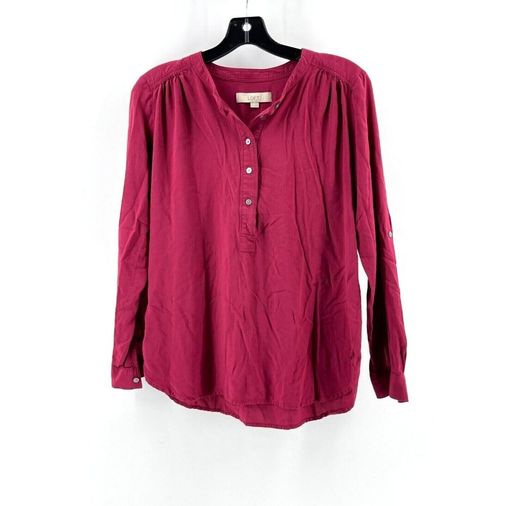 Ann Taylor LOFT Women's Burgundy Red Long Sleeve 1/2 Button Blouse Top Size XS
